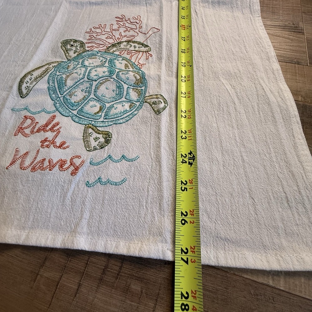 Ride the Waves Sea Turtle in Coral Embroidered Flour Sack Kitchen Dish Towel - Picture 7 of 8